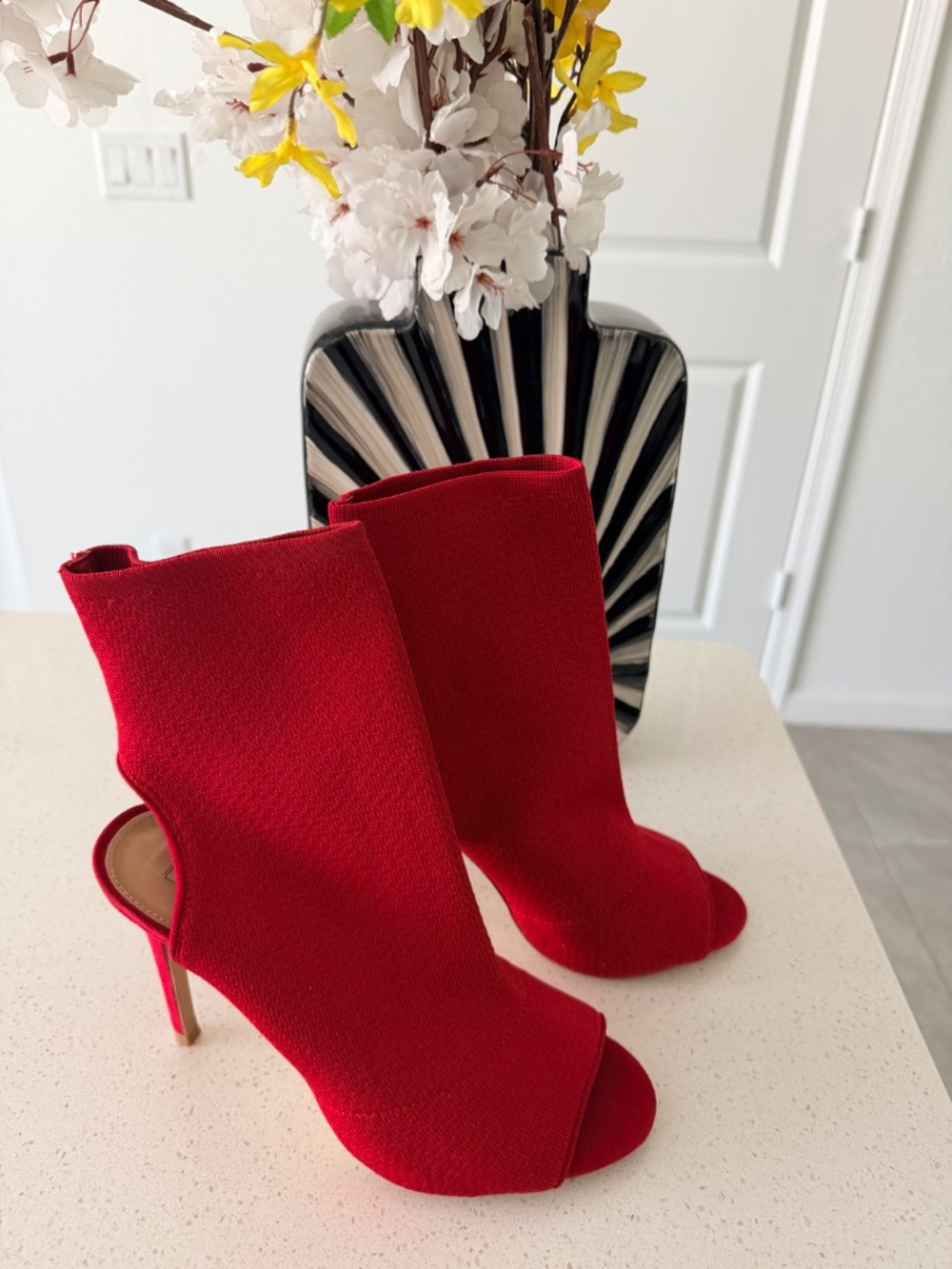 Red Ribbed Steve Madden Open Toe Booties - Picture 3 of 5